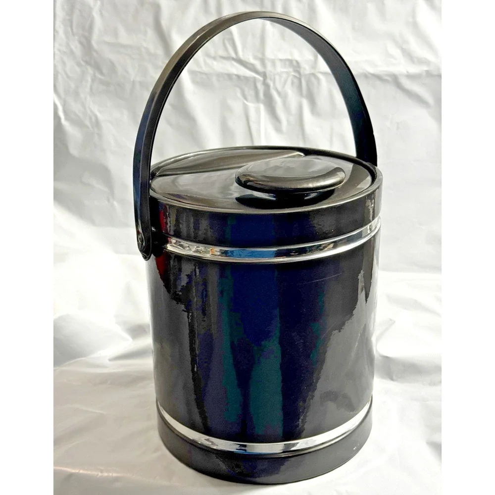 Vintage Mid Century Modern Dark Gray Insulated Ice Bucket Handle Chrome Trim
